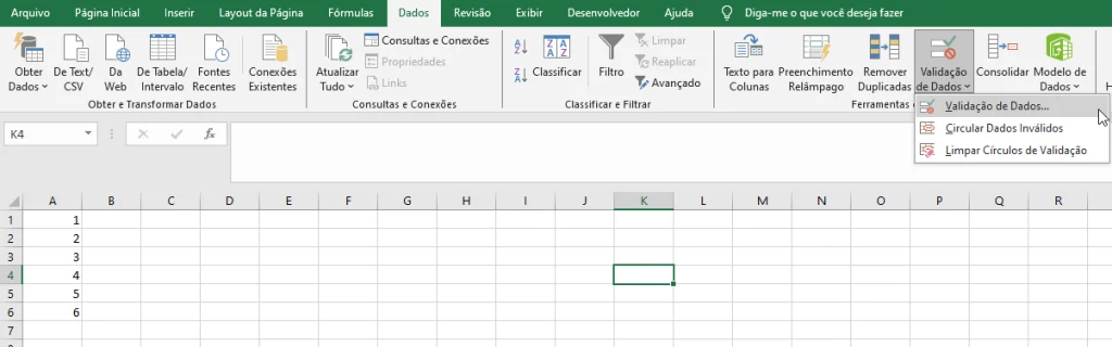 validação de dados do excel