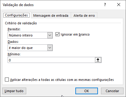 opções para validar dados do excel