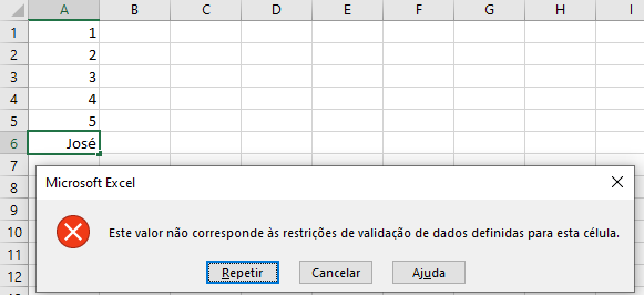 mensagem de erro da validação de dados