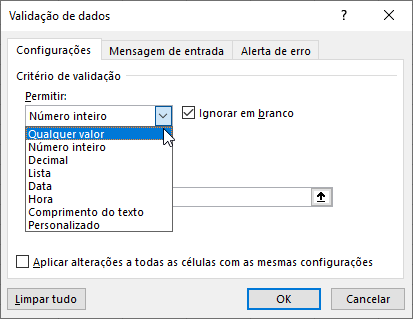tipos de dados disponível para validação