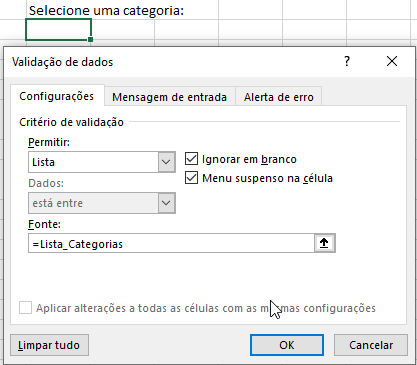 Configuração da lista de validação