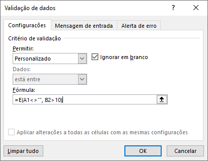 validação com fórmula personalizada
