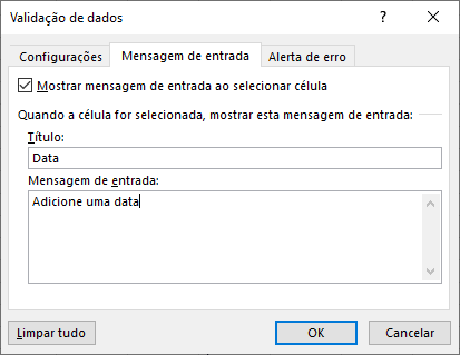 mensagem de entrada para validação
